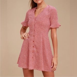 LULU'S Castana Rust Red Print Button Up Dress